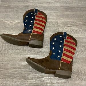 Roper Cowboy Boots Youth Kids 3 USA Brown Red American Flag Square Toe Western